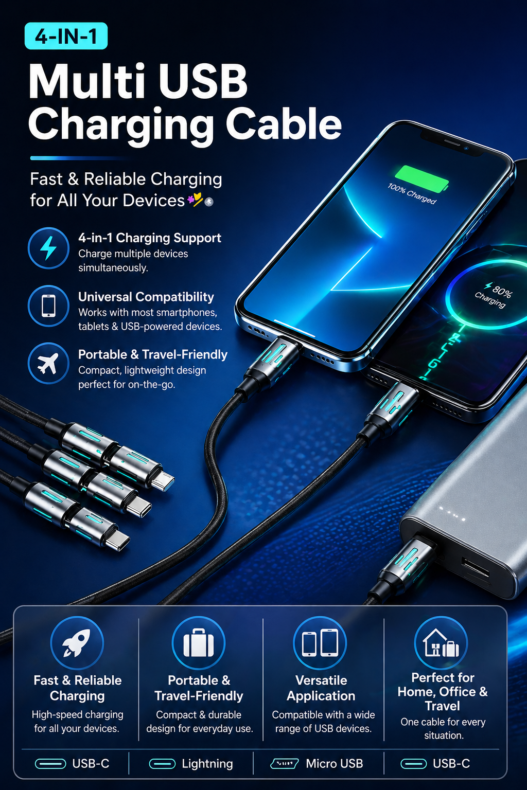 4-in-1 Multi USB Charging Cable — the smart charging solution for your home, car, office, or travel